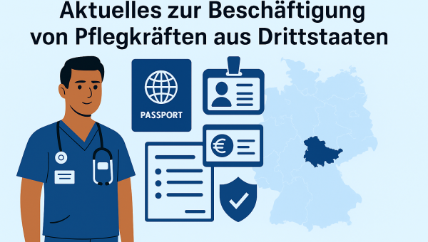 Illustration zur Beschäftigung von Pflegekräften aus Drittstaaten mit Symbolen für Visaoptionen, einer Pflegekraft in blauer Kleidung und einer Deutschlandkarte